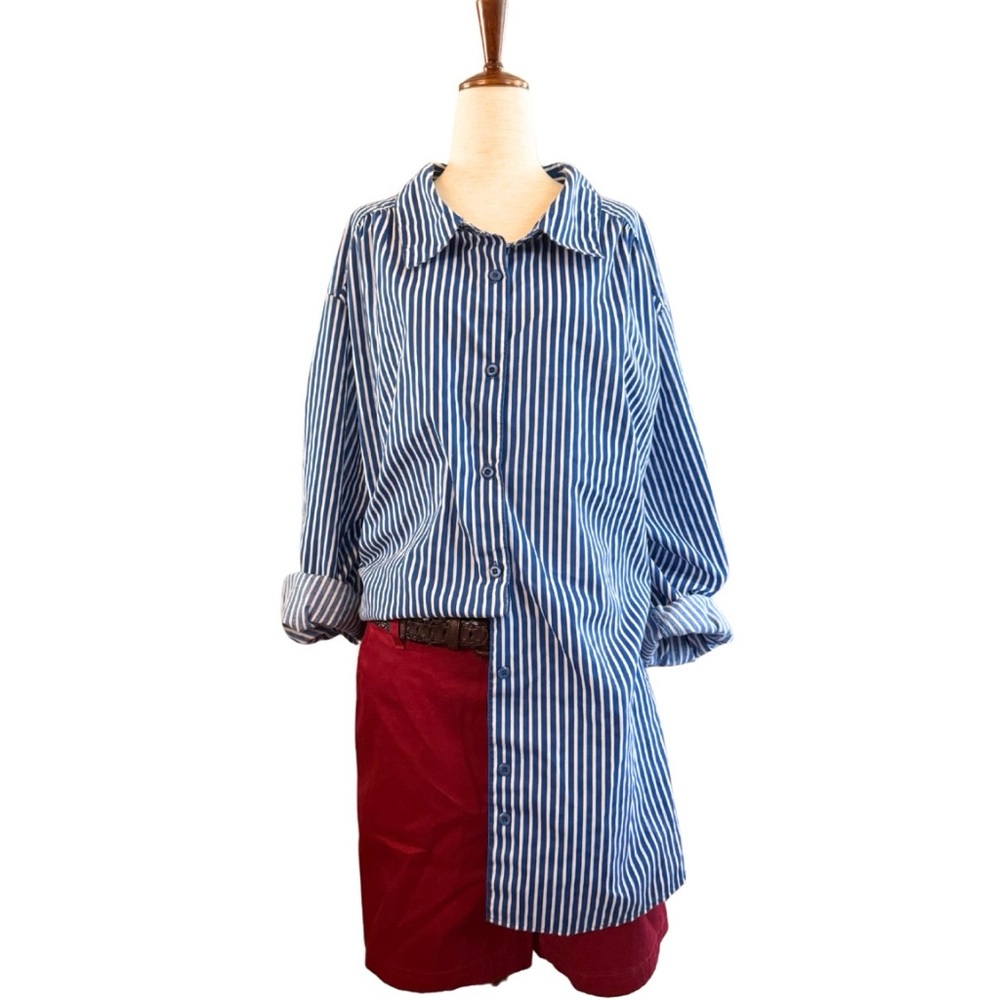 Plus Size 4X Blue White Striped Button Down Shirt|‎ Cotton Blend Preppy Coastal